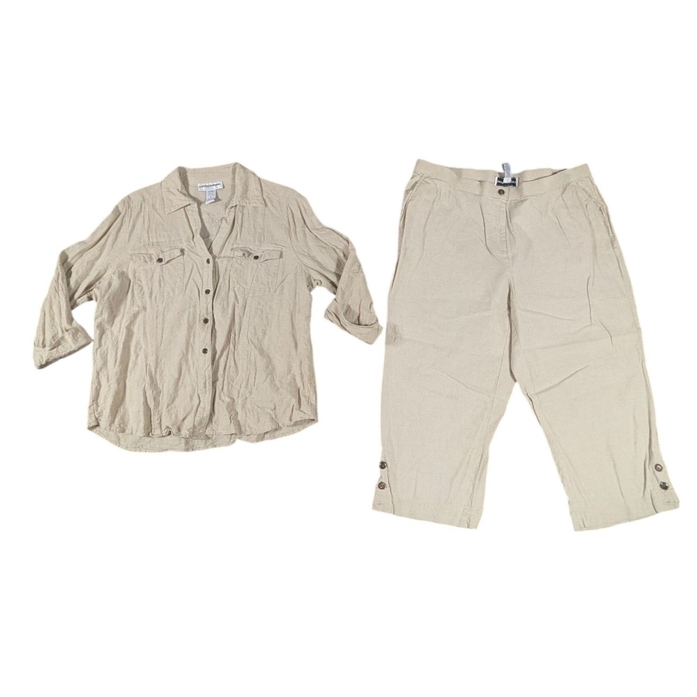 Cathy Daniels Womens‎ XL Linen Blend Shirt and Cropped Pants Set Beige Tan 2pc